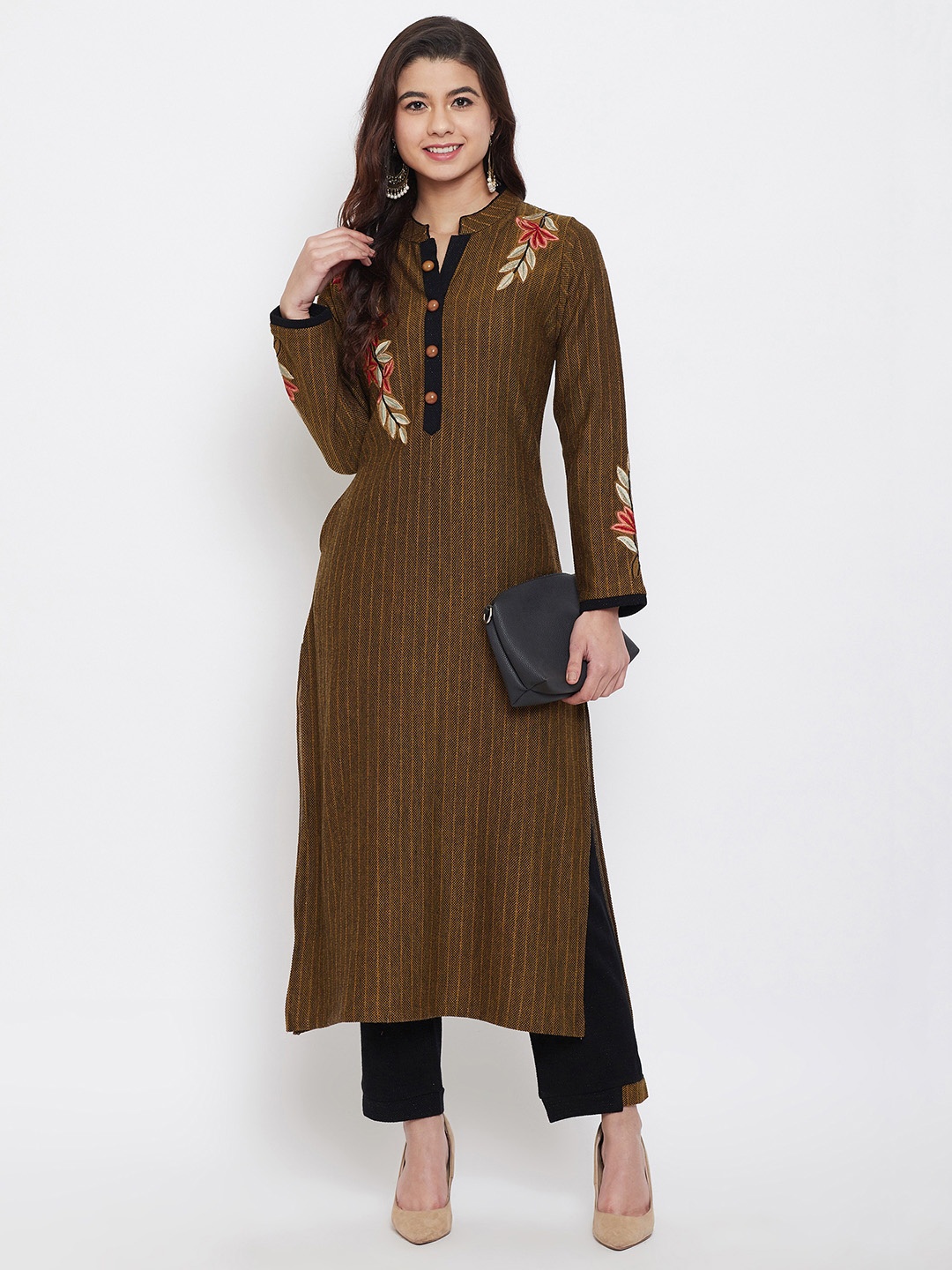 

Zigo Ethnic Motifs Embroidered Regular Thread Work Pure Wool Straight Kurta with Palazzos, Mustard