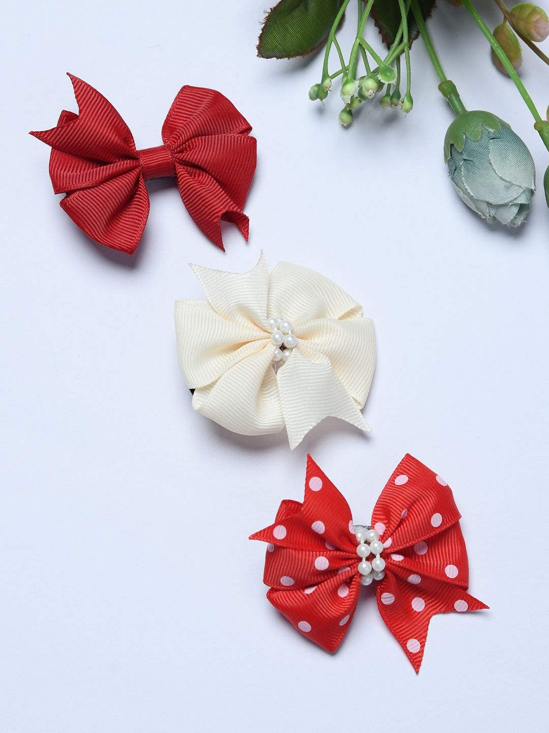 

FUNKRAFTS Girls Set of 3 Embellished Solid &Polka Ribbon Bow Hair Accessory Set, Red