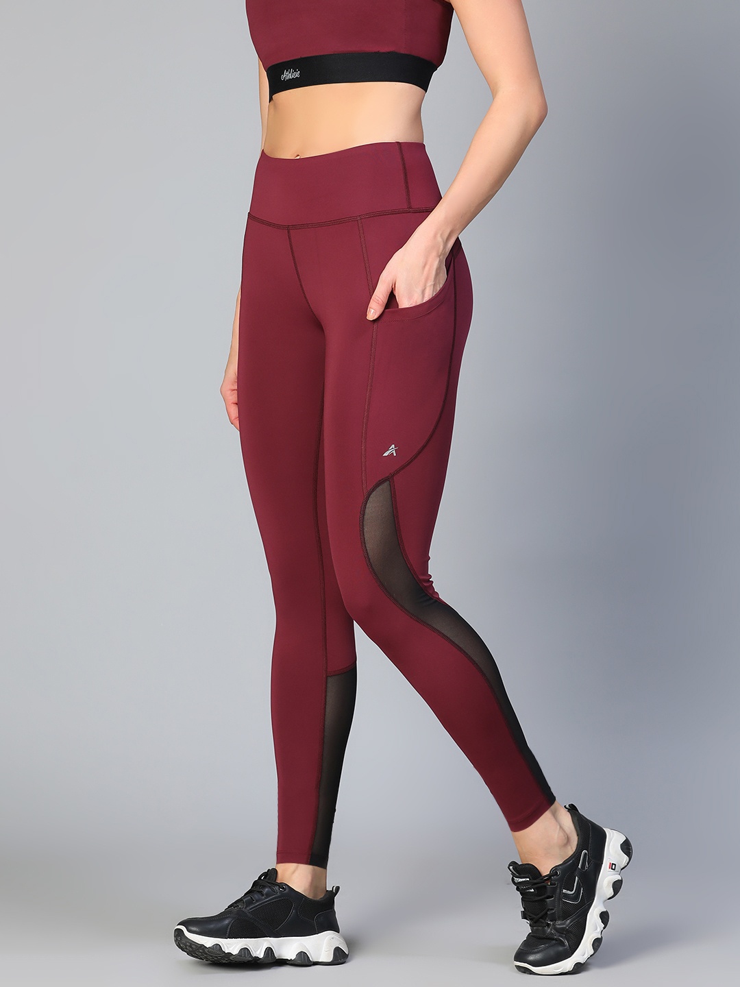 

ATHLISIS Women Solid Colourblocked Slim-Fit Ankle-Length Gym Tights, Maroon