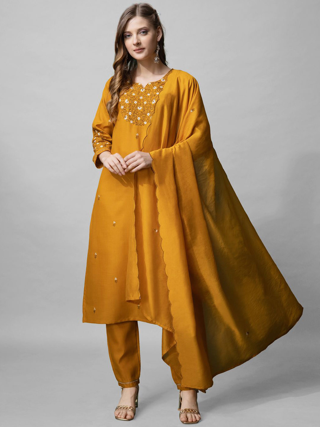 

KAYOMMI Floral Embroidered Regular Straight Kurta with Trousers & Dupatta, Mustard