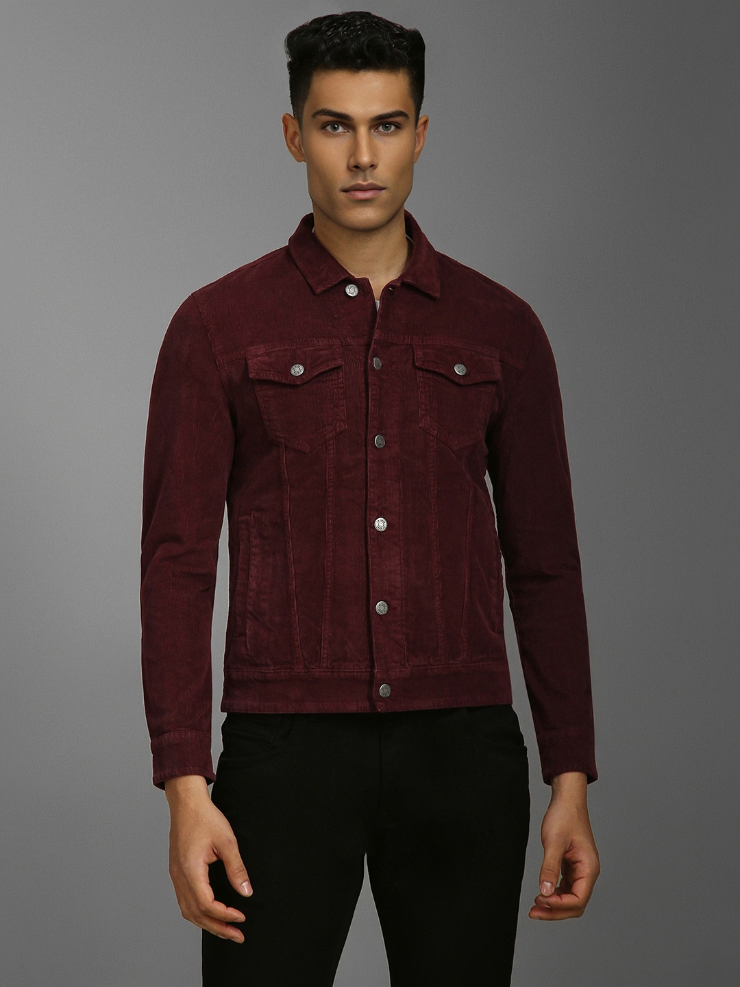 

Louis Philippe Jeans Men Solid Pure Cotton Denim Jacket, Maroon
