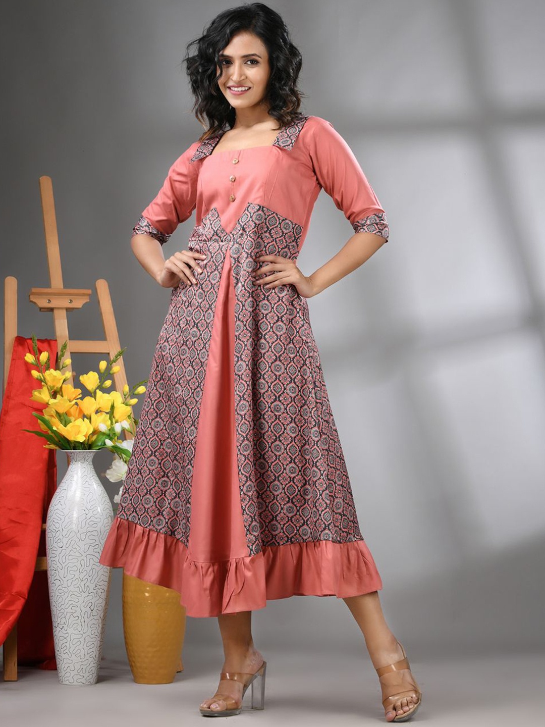 

Charukriti Printed Maxi Ethnic Dresses, Peach