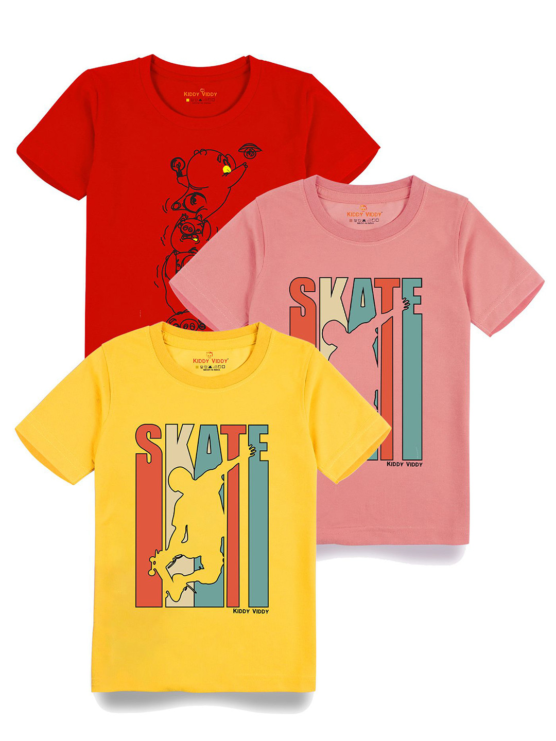 

AUSK Boys Pack Of 3 Graphic Printed Round Neck Cotton T-shirts, Yellow
