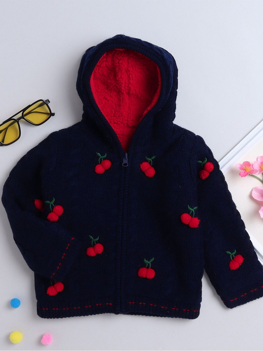 

Yellow Apple Girls Woollen Front-Open Hooded Reversible Sweater, Navy blue