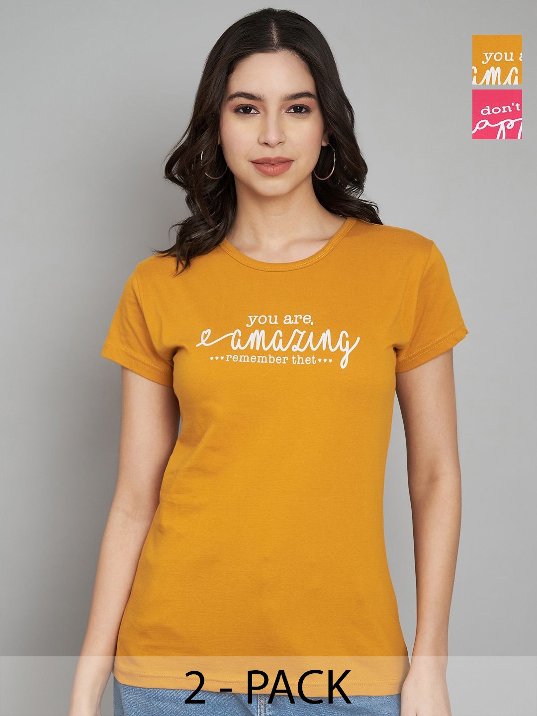 

Trend Level Women Pack Of 2 Typography Printed Round Neck Cotton T-shirts, Mustard