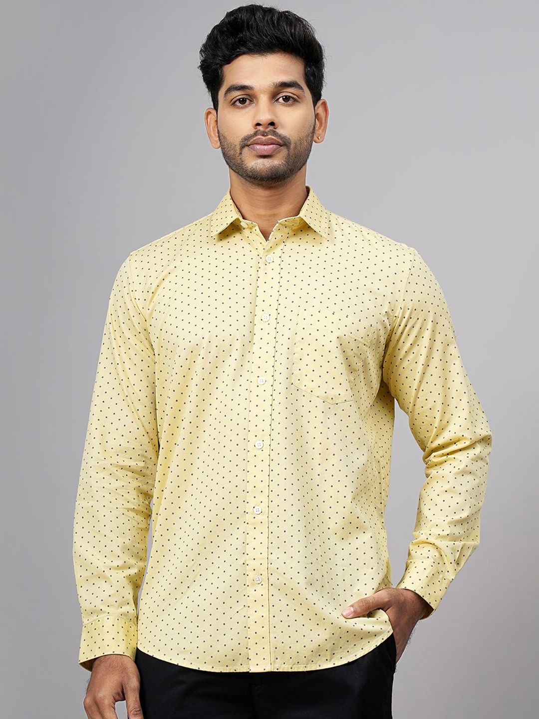 

Greenfibre Men Spread Collar Micro Ditsy Printed Cotton Casual Shirt, Yellow