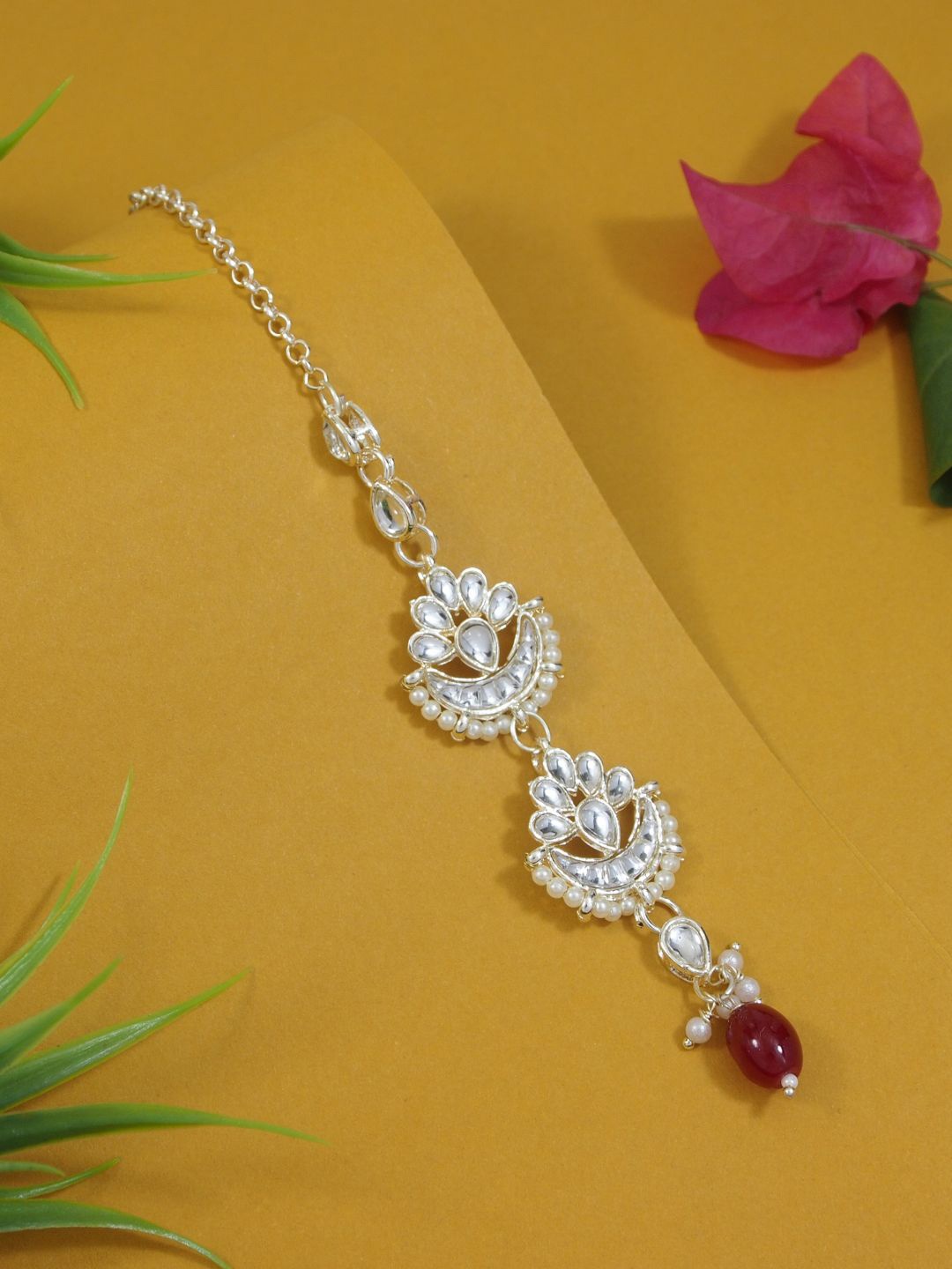 

I Jewels Gold-Plated Kundan & Pearl Maang Tikka