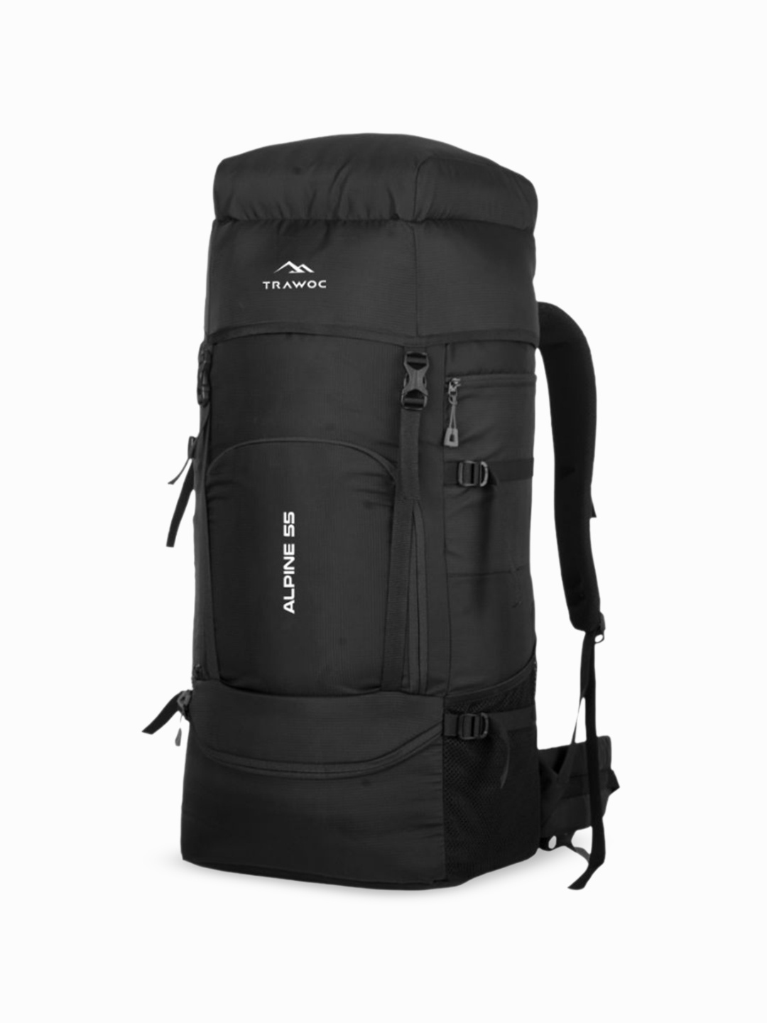 

TRAWOC ALPINE Solid 55L Travel Rucksack With Dual Loading & Rain Cover for Adventures, Black
