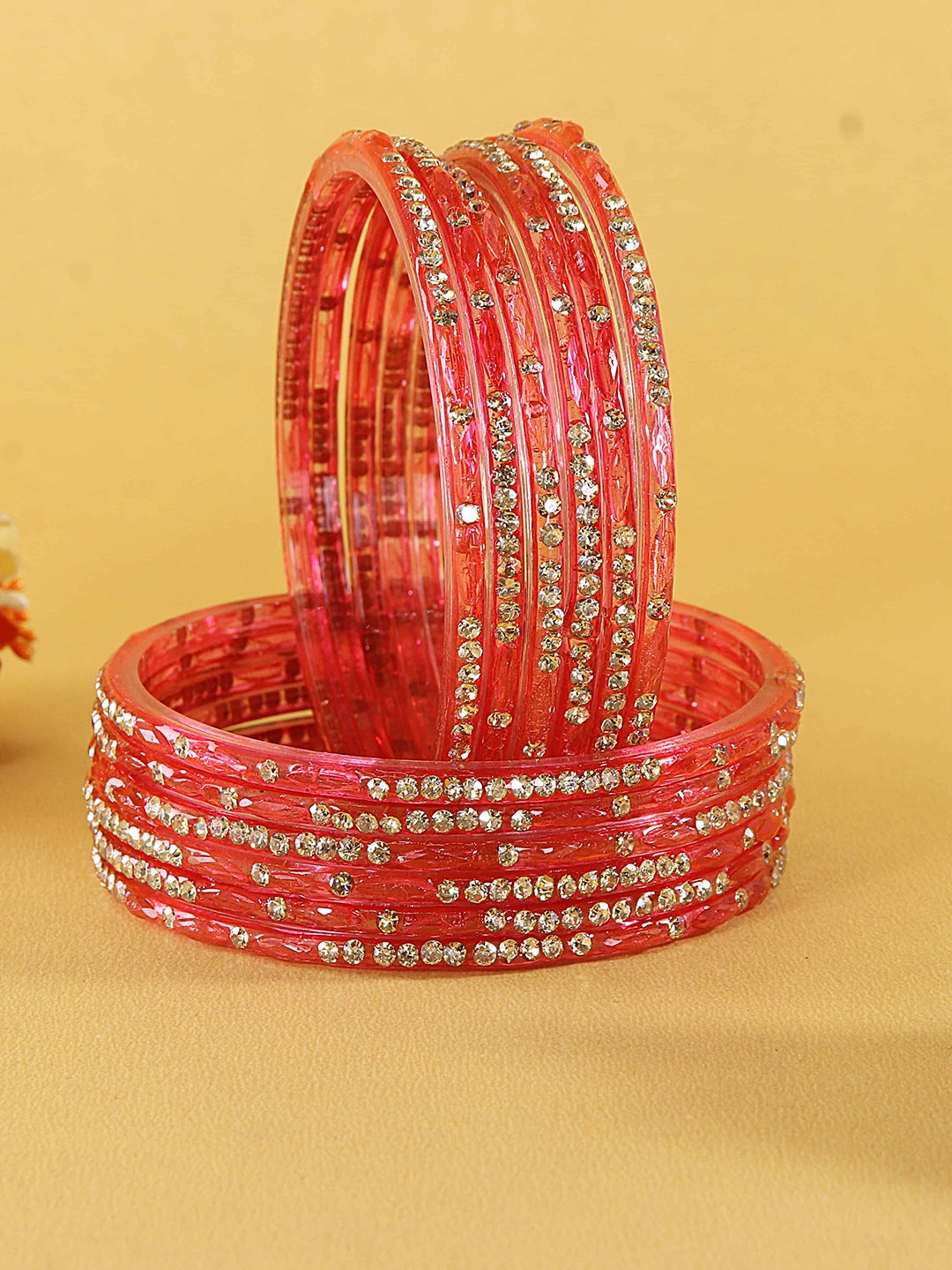

LAVAZZA Set Of 12 Zircon Diamond & Beads Work Glass Bangles, Rose