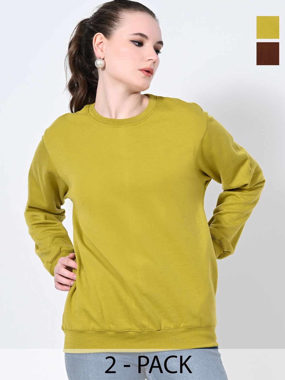 

BAESD Women Pack Of 2 Solid Round Neck Fleece Pullover Sweatshirts, Yellow