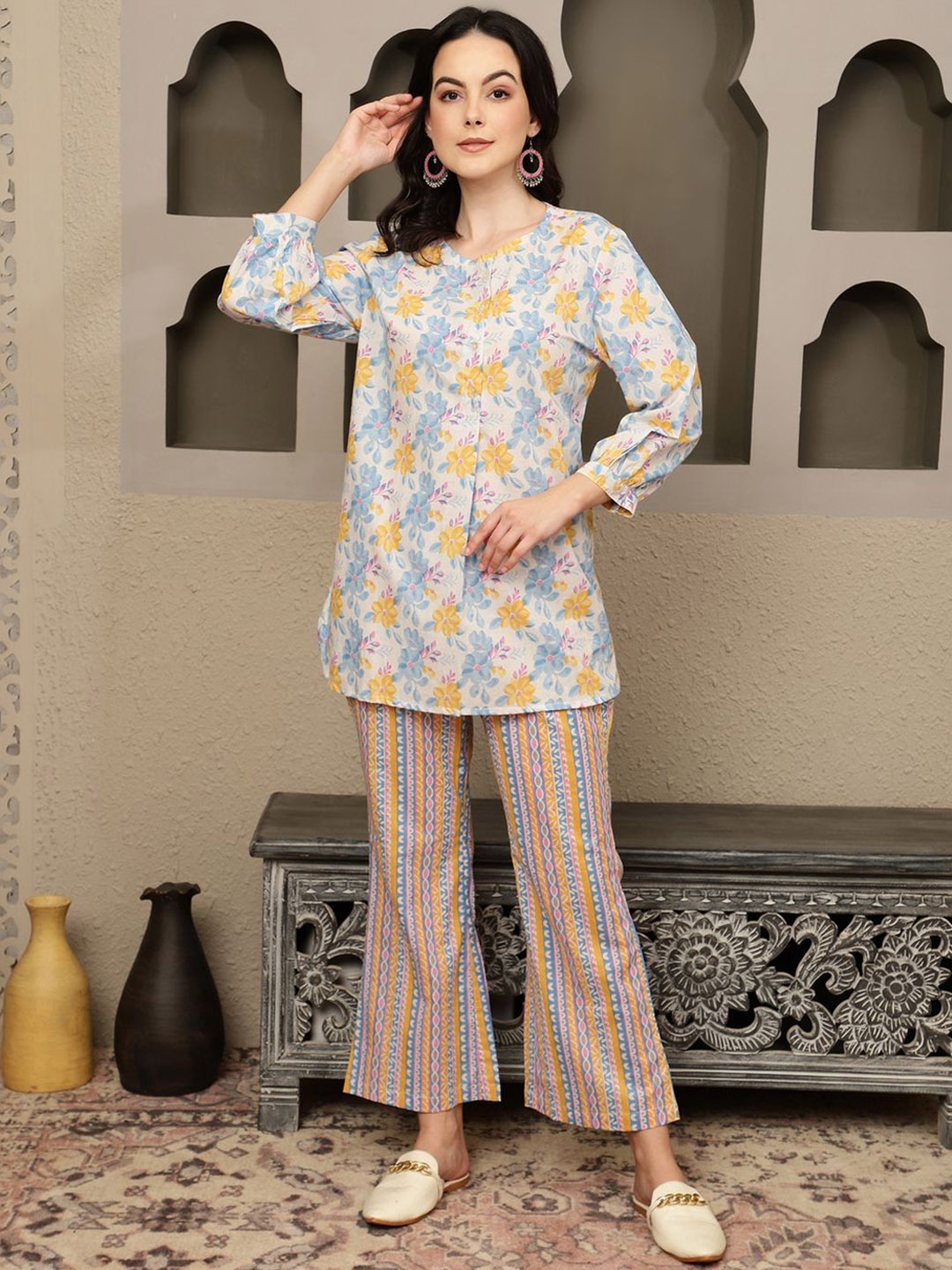 

Sangria Floral Printed Pure Cotton Tunic with Trouser, Off white