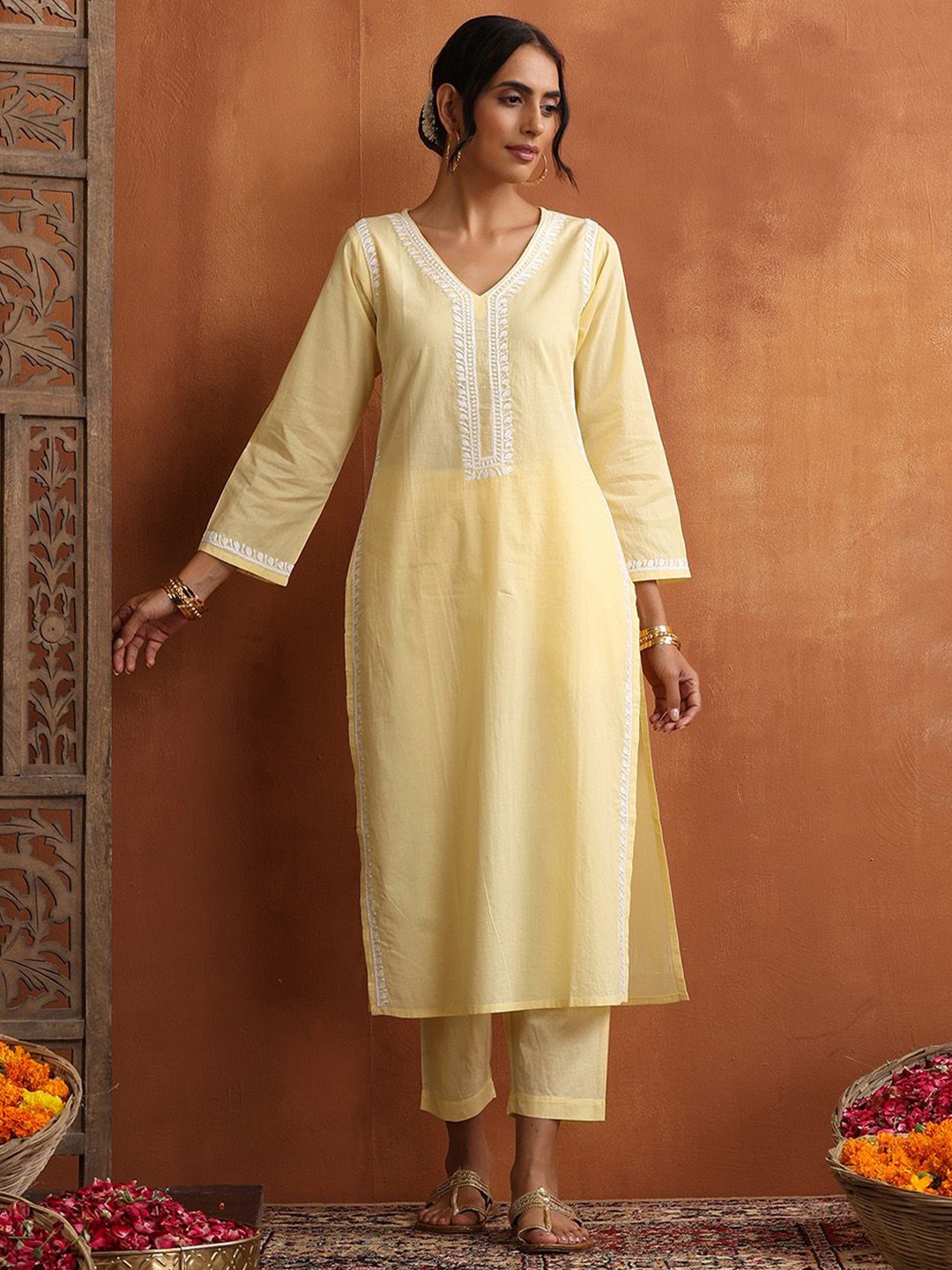 

House of Chikankari Chikankari Woven Kurta Set, Yellow
