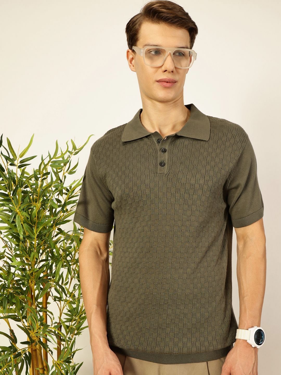 

Thomas Scott Men Bio Finish Self Design Polo Collar Cotton T-shirt, Olive