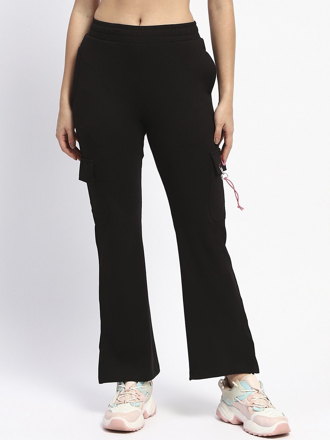 

MADAME M SECRET Women Mid-Rise Flared Track Pants, Black