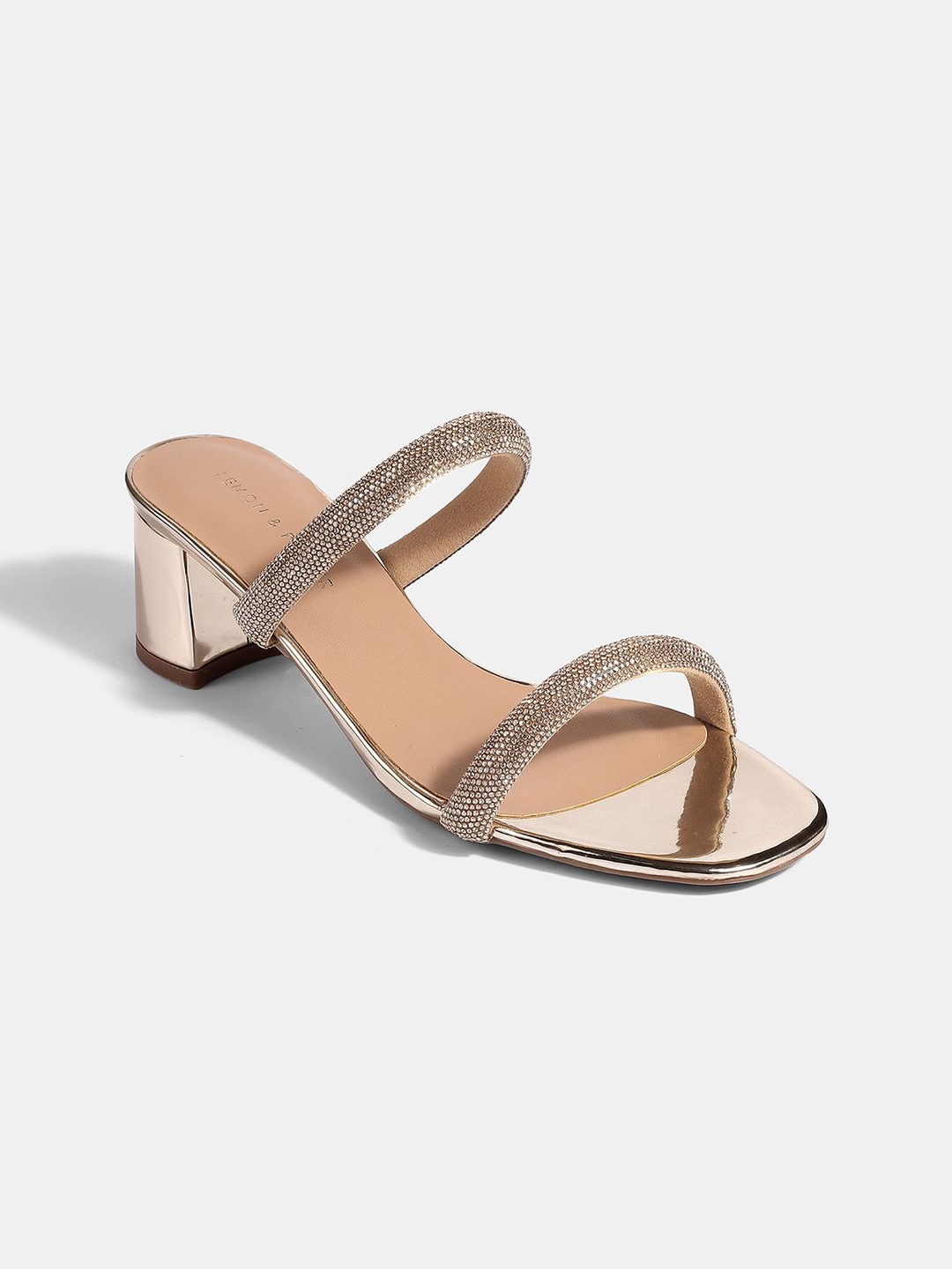 

LEMON & PEPPER Women Embellished PU Party Block Mules, Gold