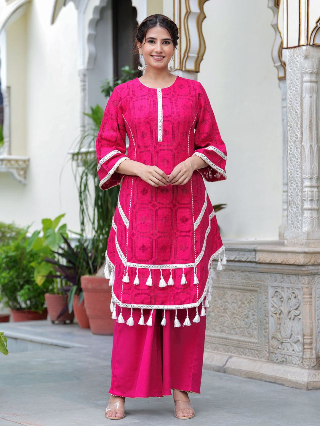 

Hatheli Geometric Self Design Panelled Mirror Work Pure Cotton A-Line Kurta With Palazzo, Pink