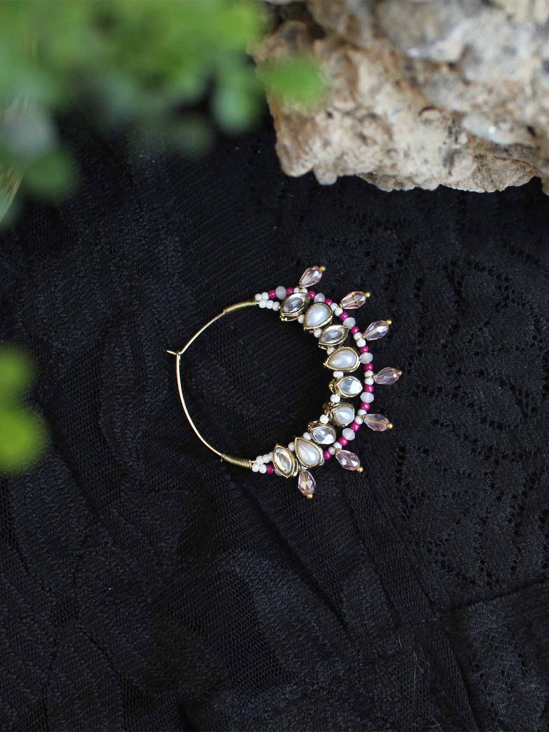

BeAbhika Gold-Plated Kundan Studded & Beaded Nose Ring