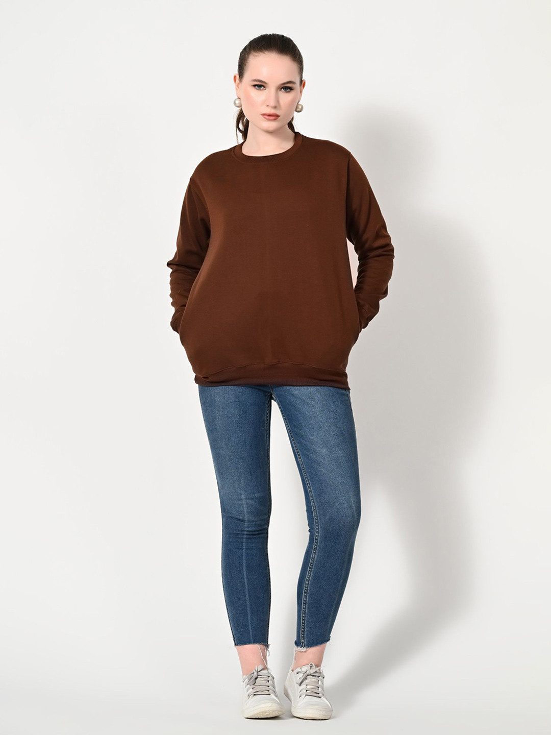 

BAESD Women Solid Round Neck Fleece Pullover Sweatshirt, Brown