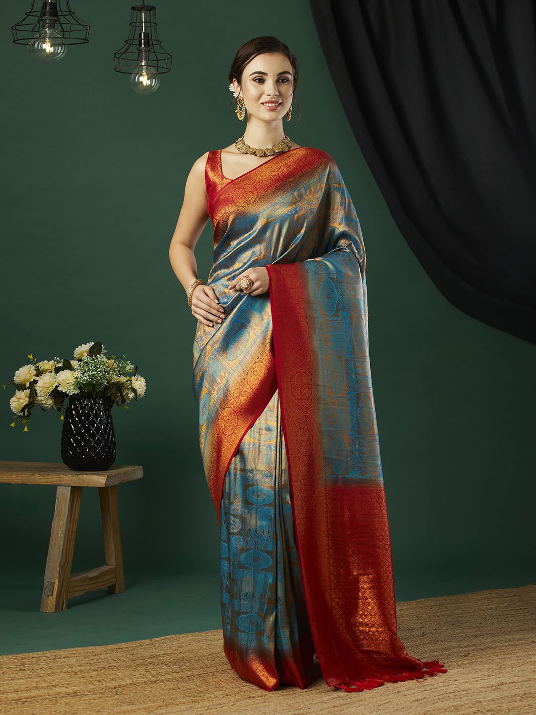 

HI FI NX Ethnic Motifs Zari Pure Silk Kanjeevaram Saree, Blue