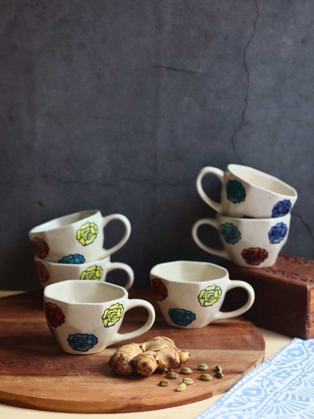 

WEAVING HOMES White & Blue 6 Pieces Printed Ceramic Glossy Cups 220 ml