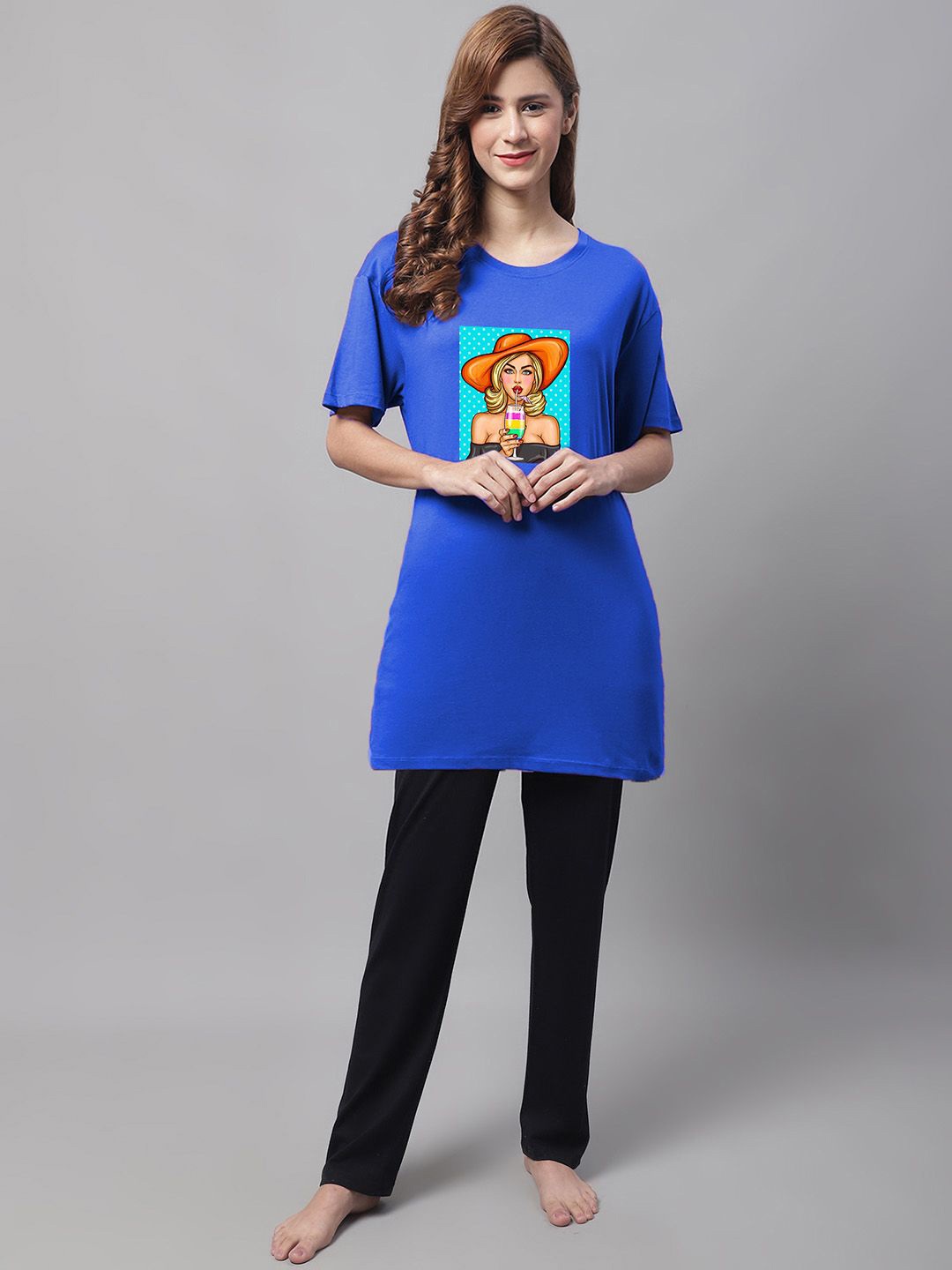 

Kanvin Women Graphic Printed Pure Cotton Night Suit, Blue