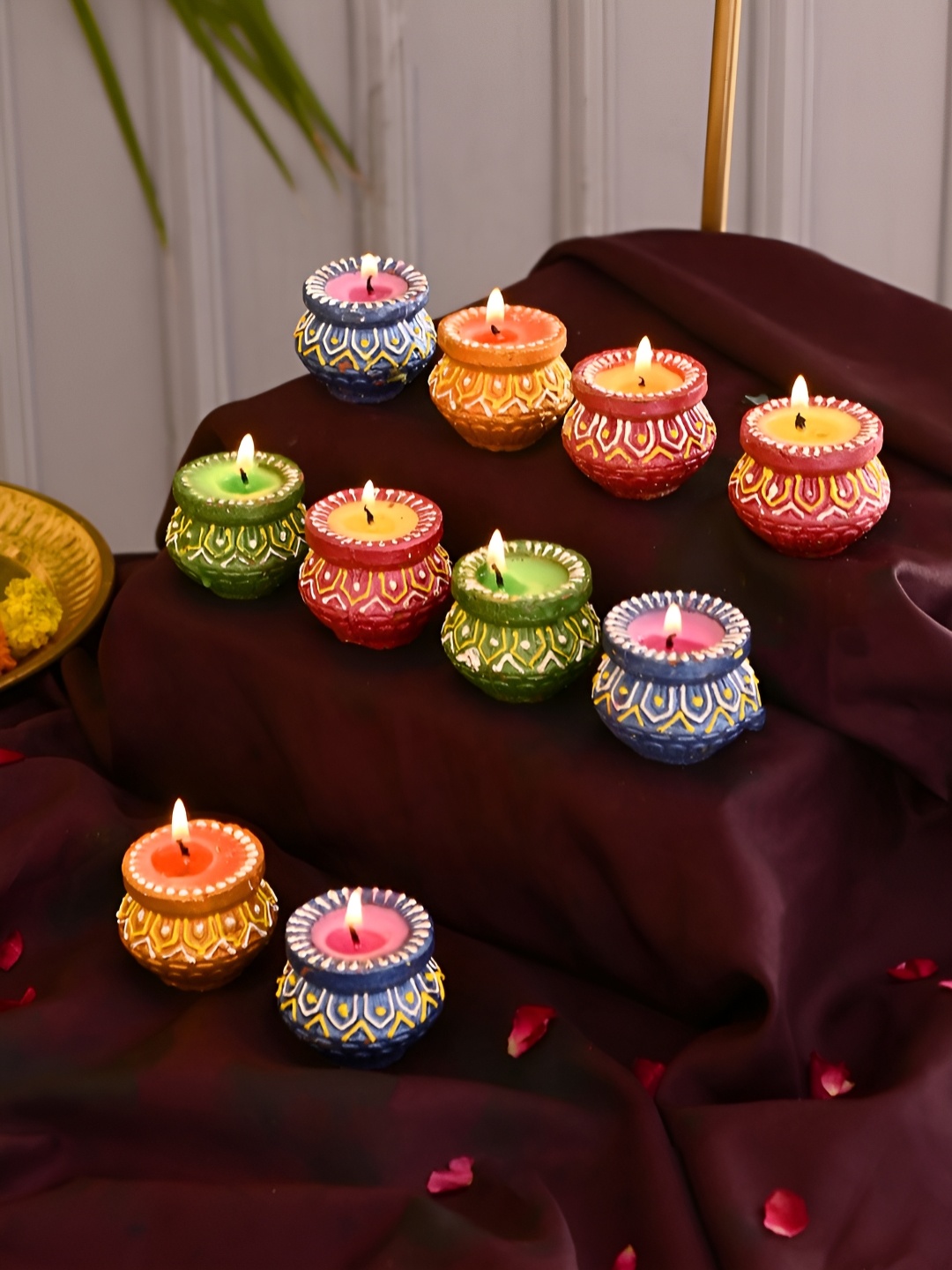 

Aura Blue & Green 8 Pieces Printed Matki Candle Diya