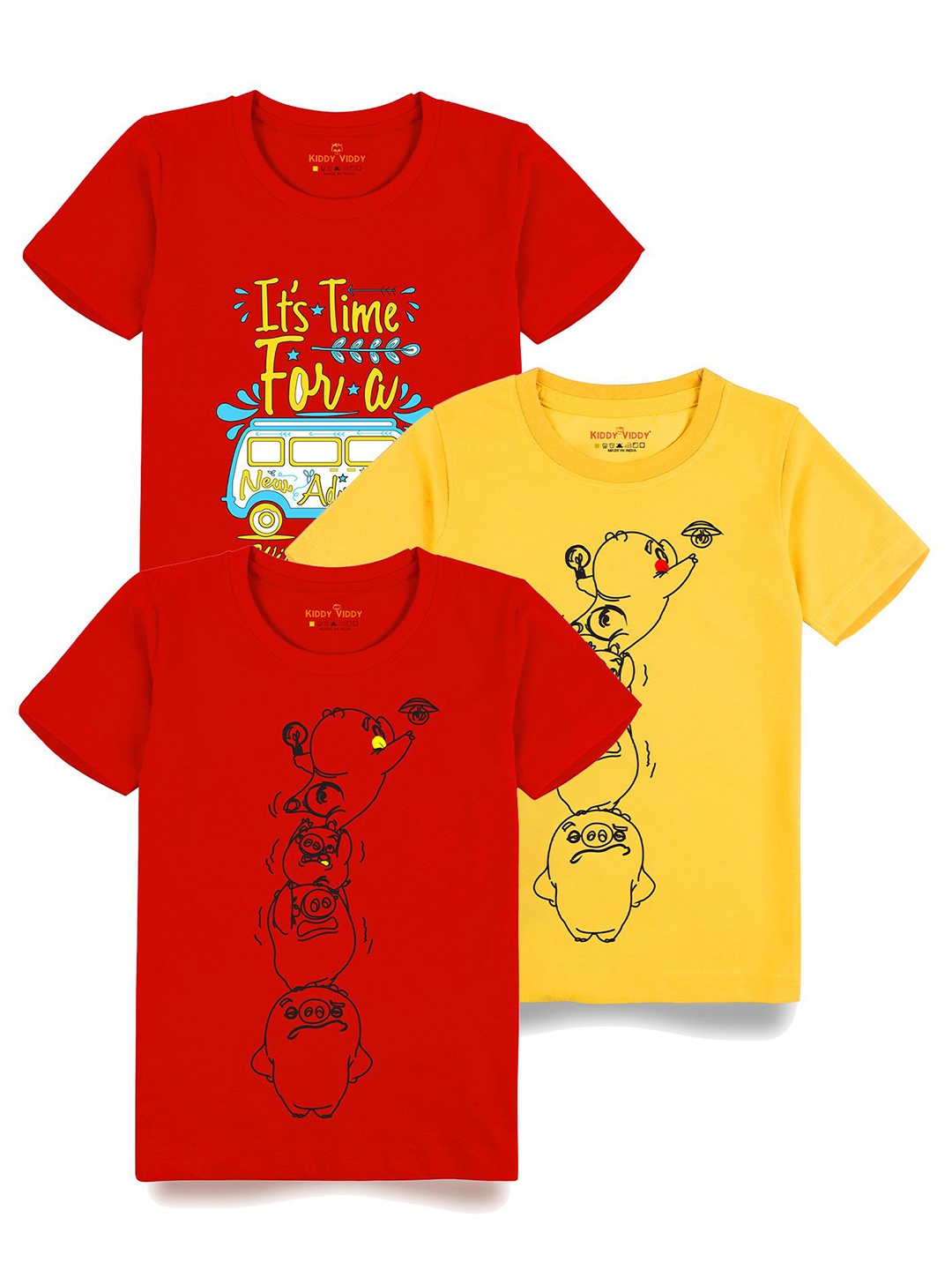 

AUSK Boys Pack Of 3 Graphic Printed Round Neck Cotton T-shirts, Yellow