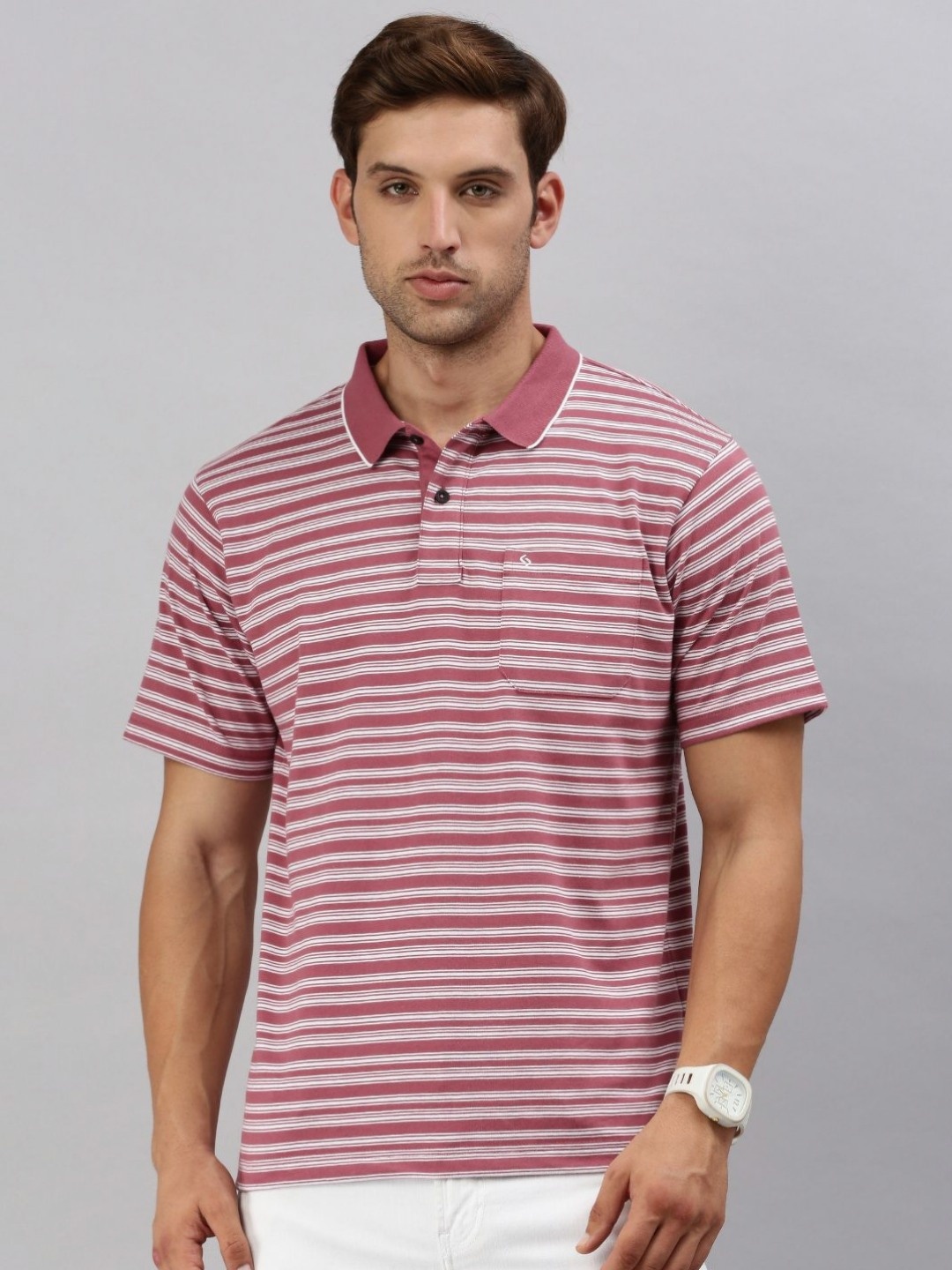 

Classic Polo Men Striped Polo Collar Cotton T-shirt, Pink