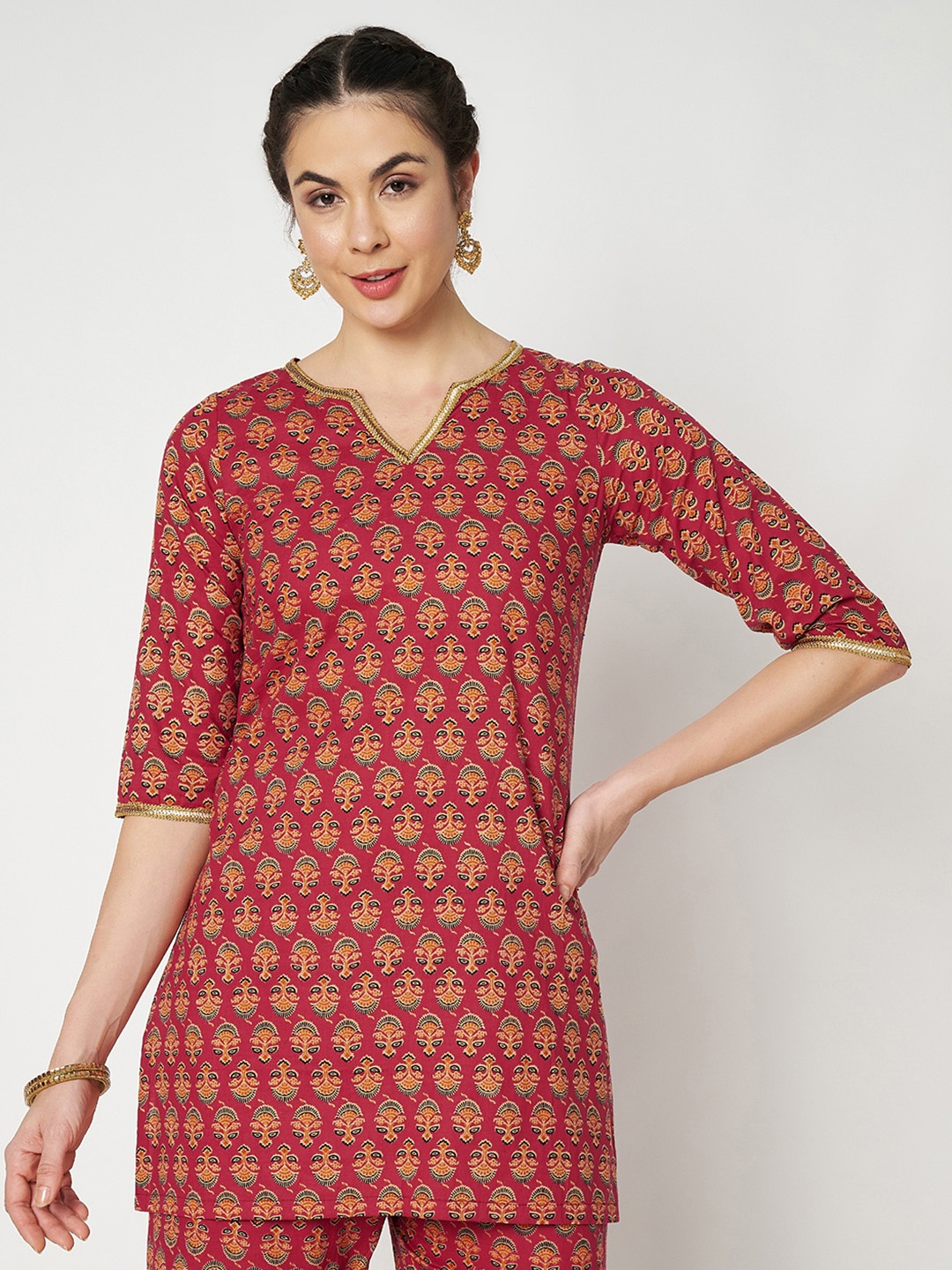 

studio rasa Women Ethnic Motifs Printed Pure Cotton Kurta, Maroon