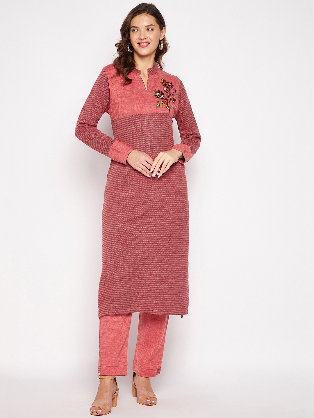 

Zigo Winter Wear Ethnic Motifs Embroidered Regular Thread Work Pure Wool Straight Kurta with Palazzos, Pink