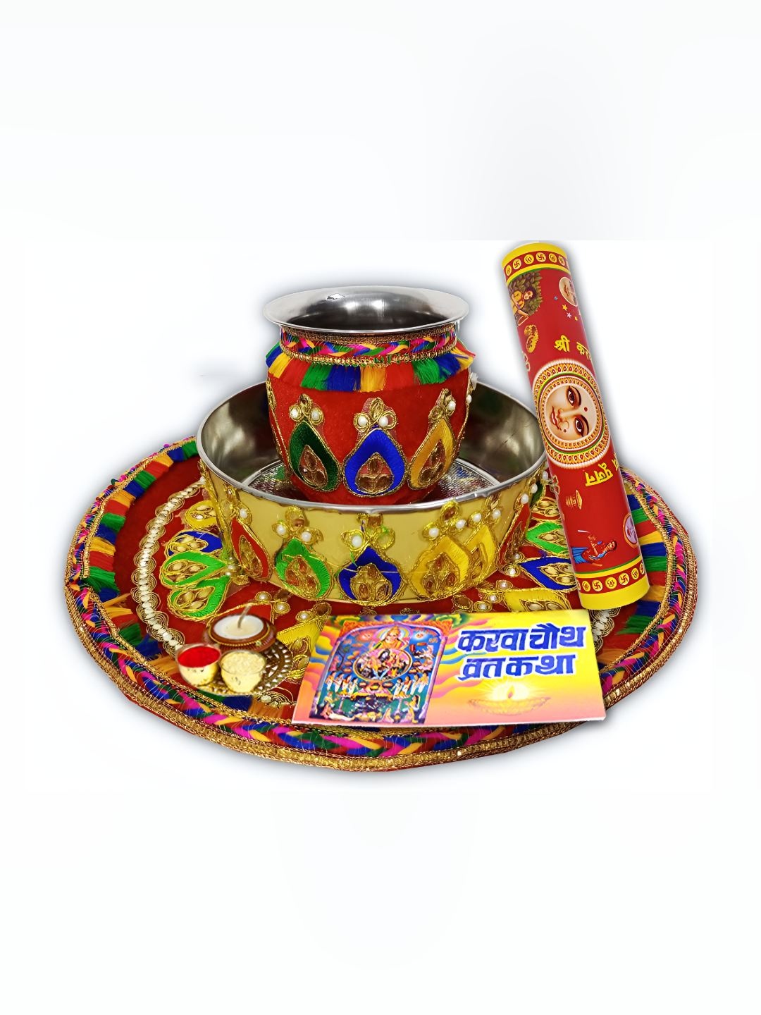 

ME & YOU Red & Yellow Karwa Chauth Pooja Thali Set With Kalash, Channi, and Diya