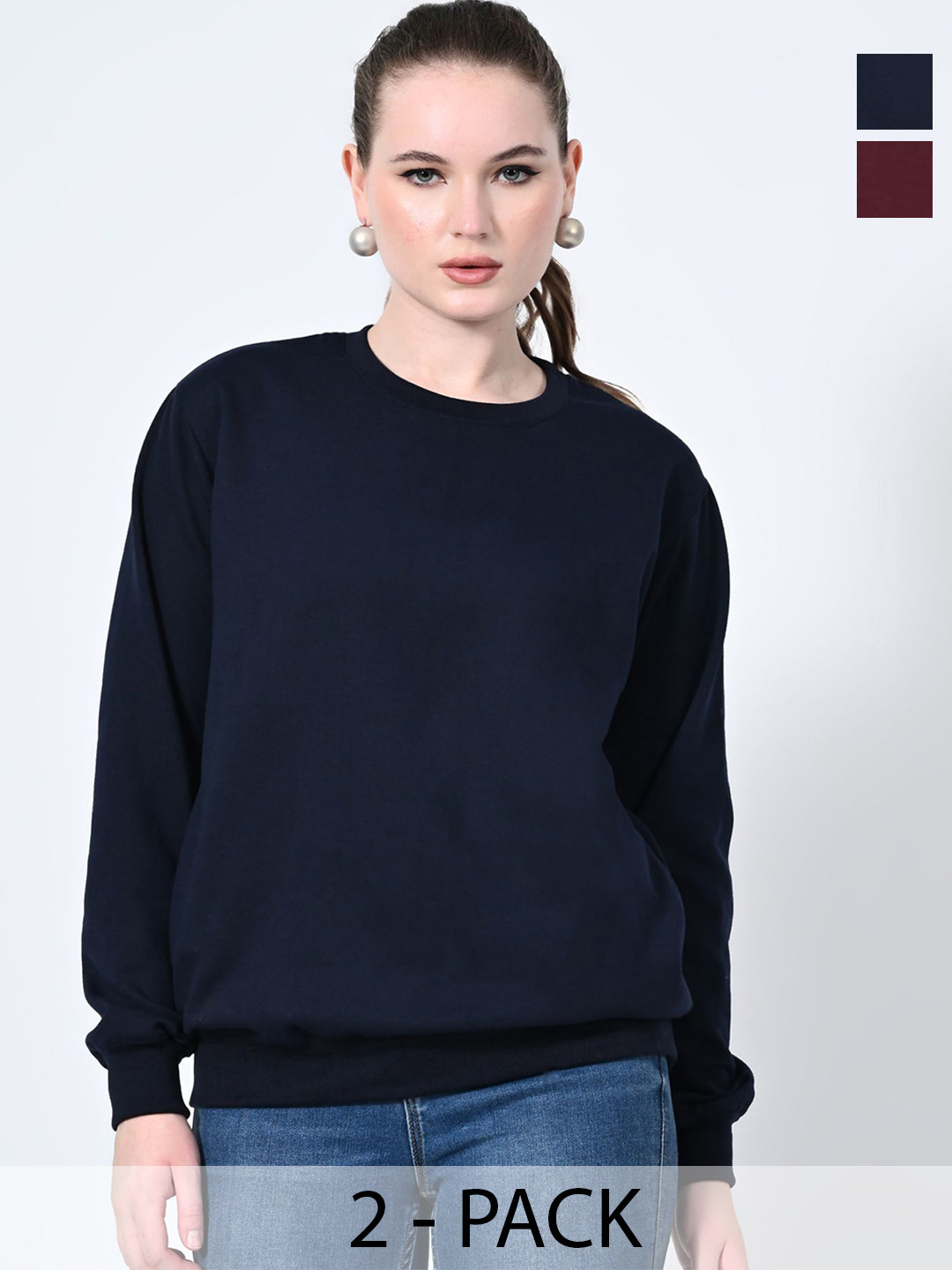 

BAESD Women Pack Of 2 Solid Round Neck Fleece Pullover Sweatshirts, Navy blue