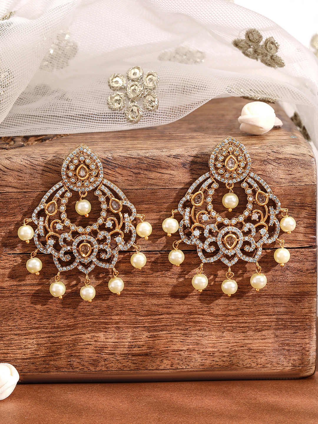 

Rubans 22K Gold-Plated Cubic Zirconia Studded Chandelier Earrings With Pearl Drops