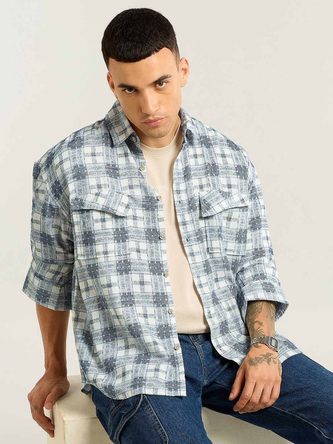 

Beyoung Men Spread Collar Checked Cotton Relaxed Fit Casual Shirt, Beige