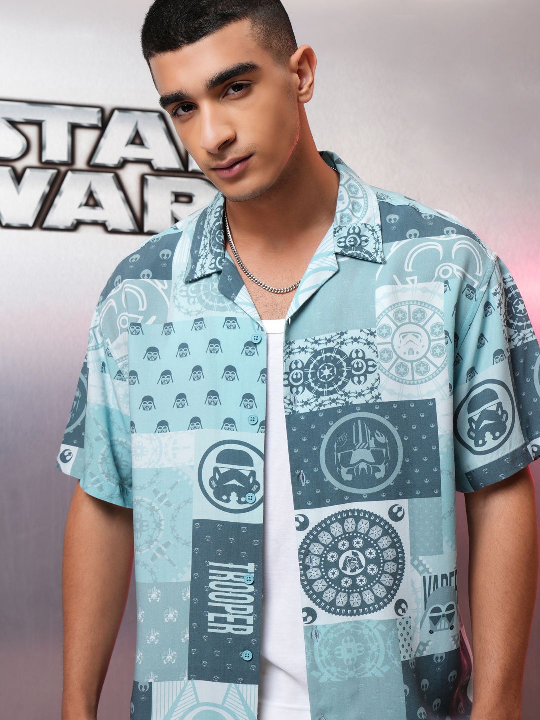 

Highlander Men Star Wars Printed Cuban Collar Relaxed Fit Casual Shirt, Blue