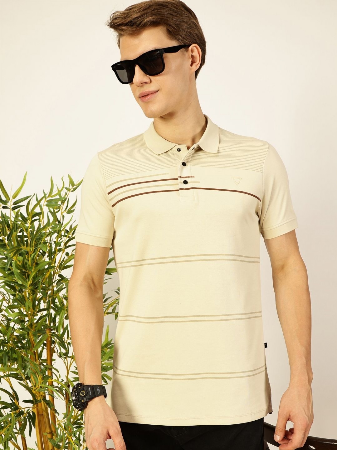 

Thomas Scott Men Striped Polo Collar Cotton T-shirt, Beige