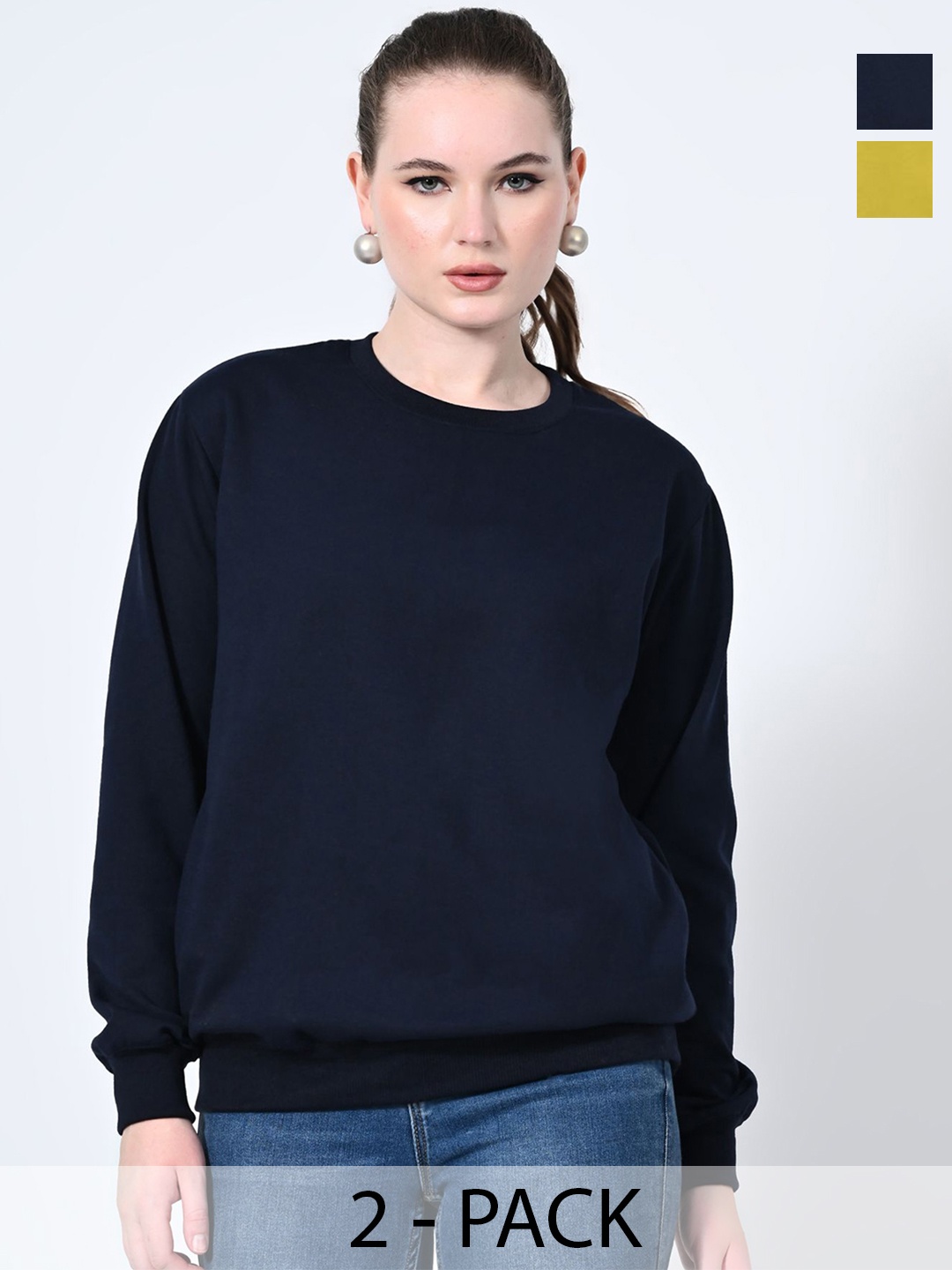 

BAESD Women Pack Of 2 Solid Round Neck Fleece Pullover Sweatshirts, Navy blue