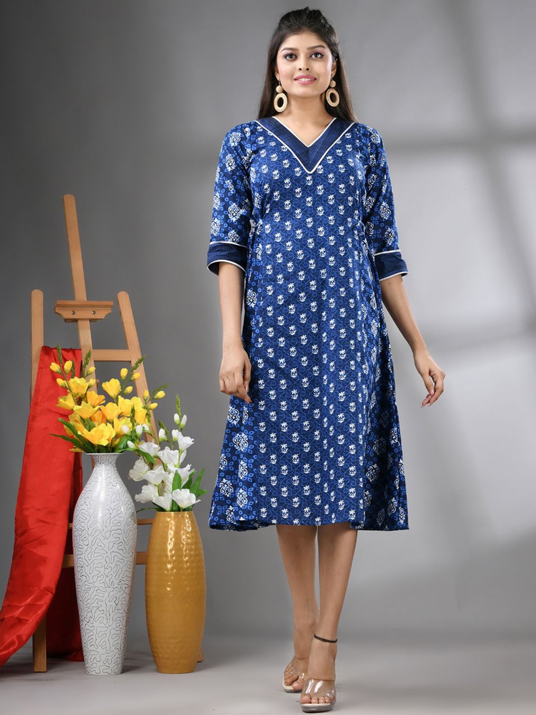 

Charukriti Printed Cotton A-line Ethnic Dress, Navy blue