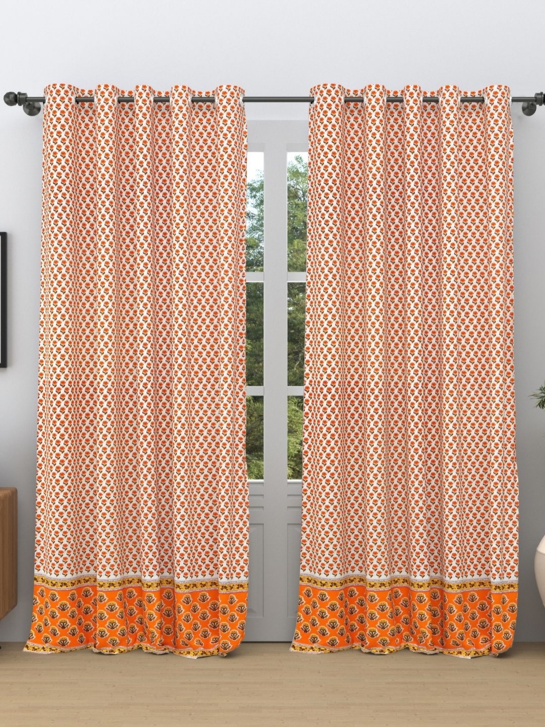 

The Craft Monk Yellow & White 2 Pieces Floral Printed Pure Cotton Door Curtains