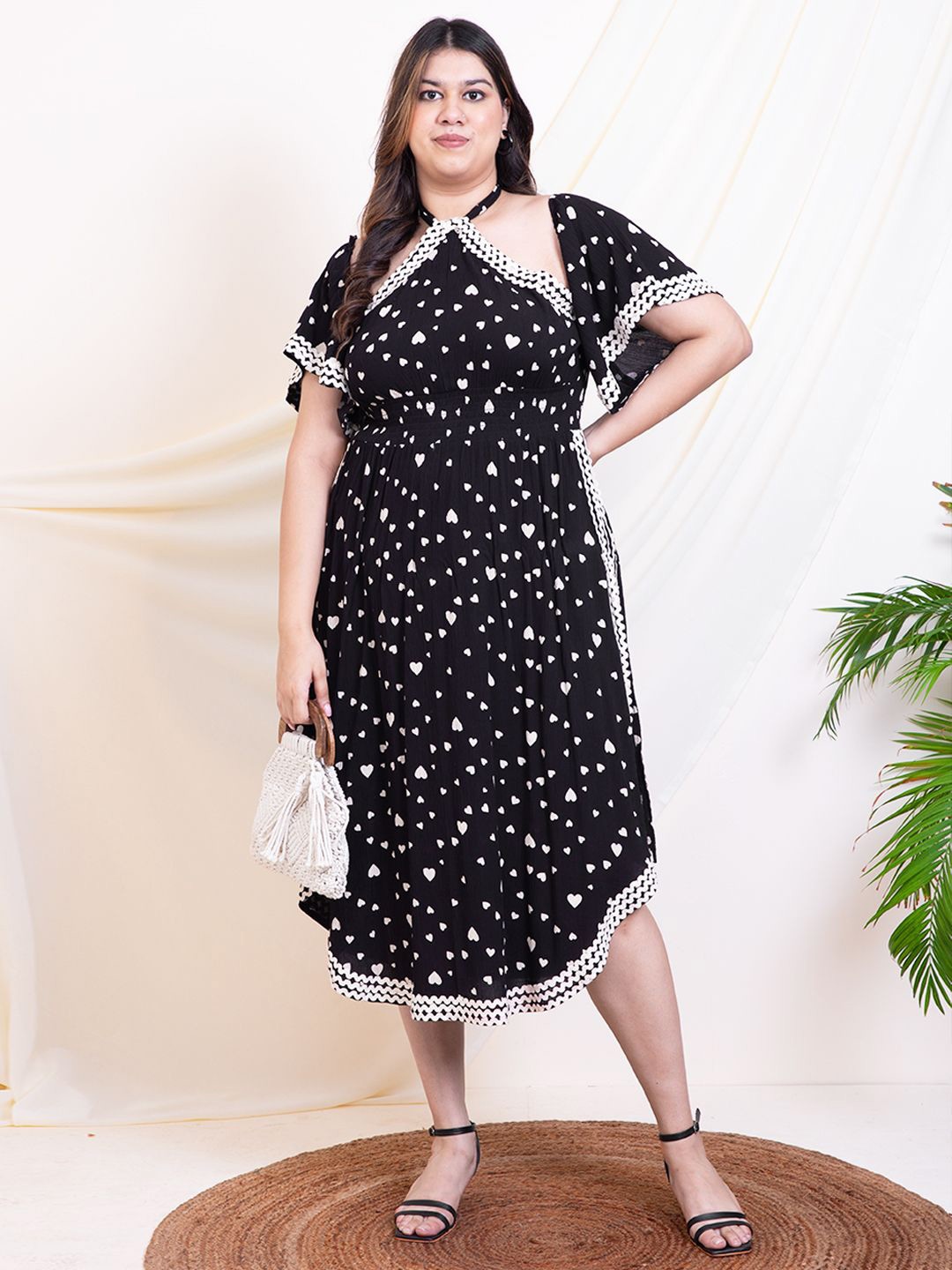 

DEEBACO Polka Dot Printed Halter Neck Bell Sleeve Fit & Flare Maxi Dress, Black