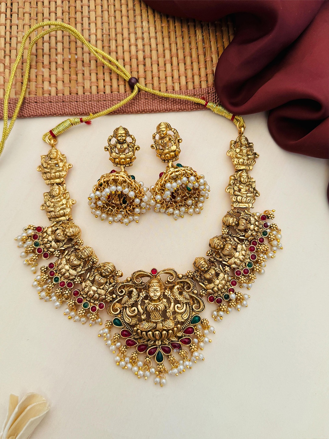 

ABDESIGNS Sophisticated Gold-Plated Stones-Studded & Beaded Lakshmi God Jewellery Set