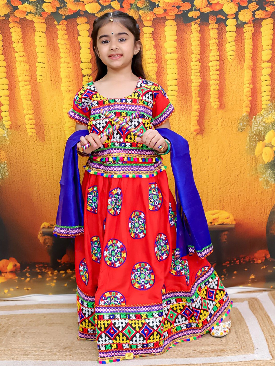 

BownBee Girls Embroidered Mirror Work Ready to Wear Lehenga & Blouse With Dupatta, Red