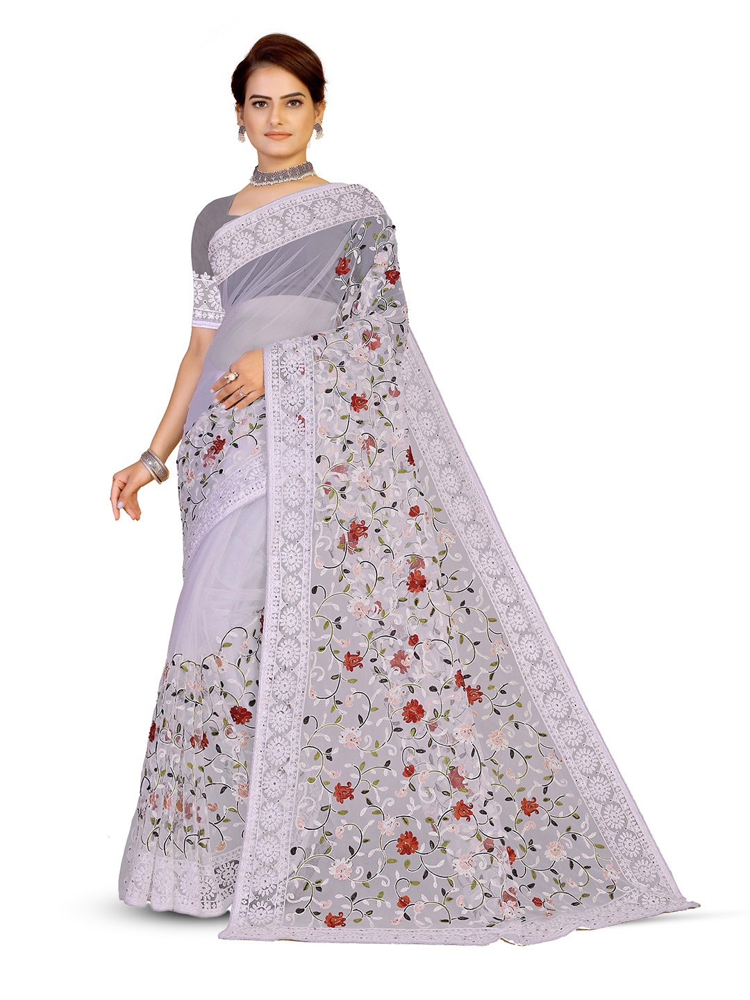 

Maroosh Ethnic Motifs Embroidered Net Saree, Grey