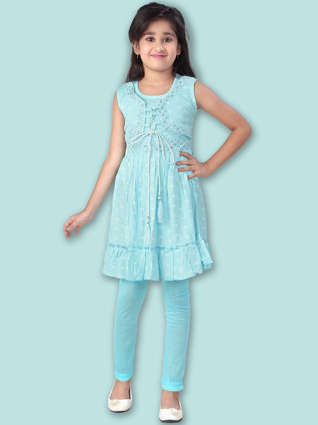 

BURBN Girls Conversational Printed Sequinned A-Line Kurta with Leggings, Blue