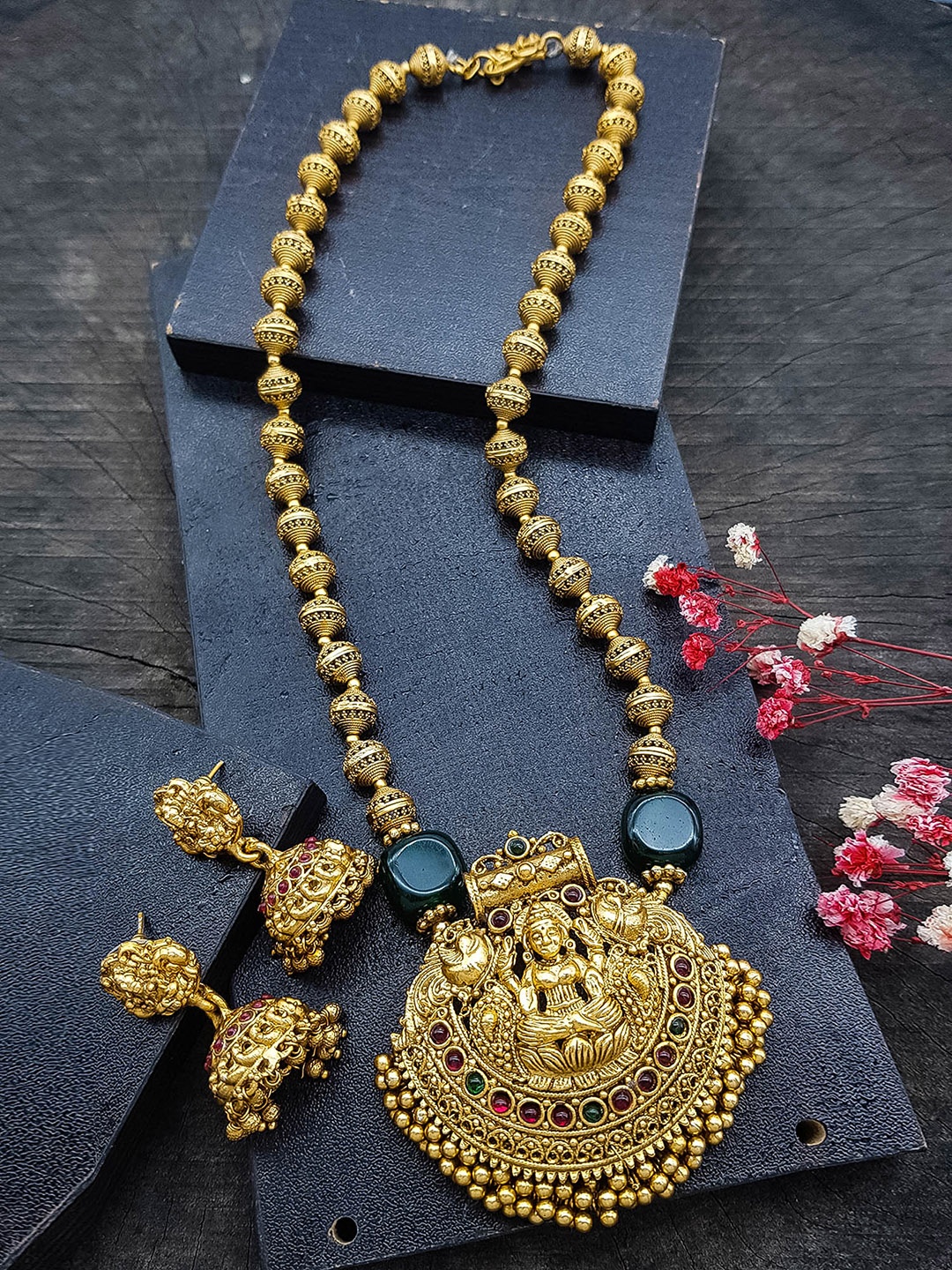 

GRIIHAM Gold-Plated CZ Studded & Beaded Temple Necklace & Earrings