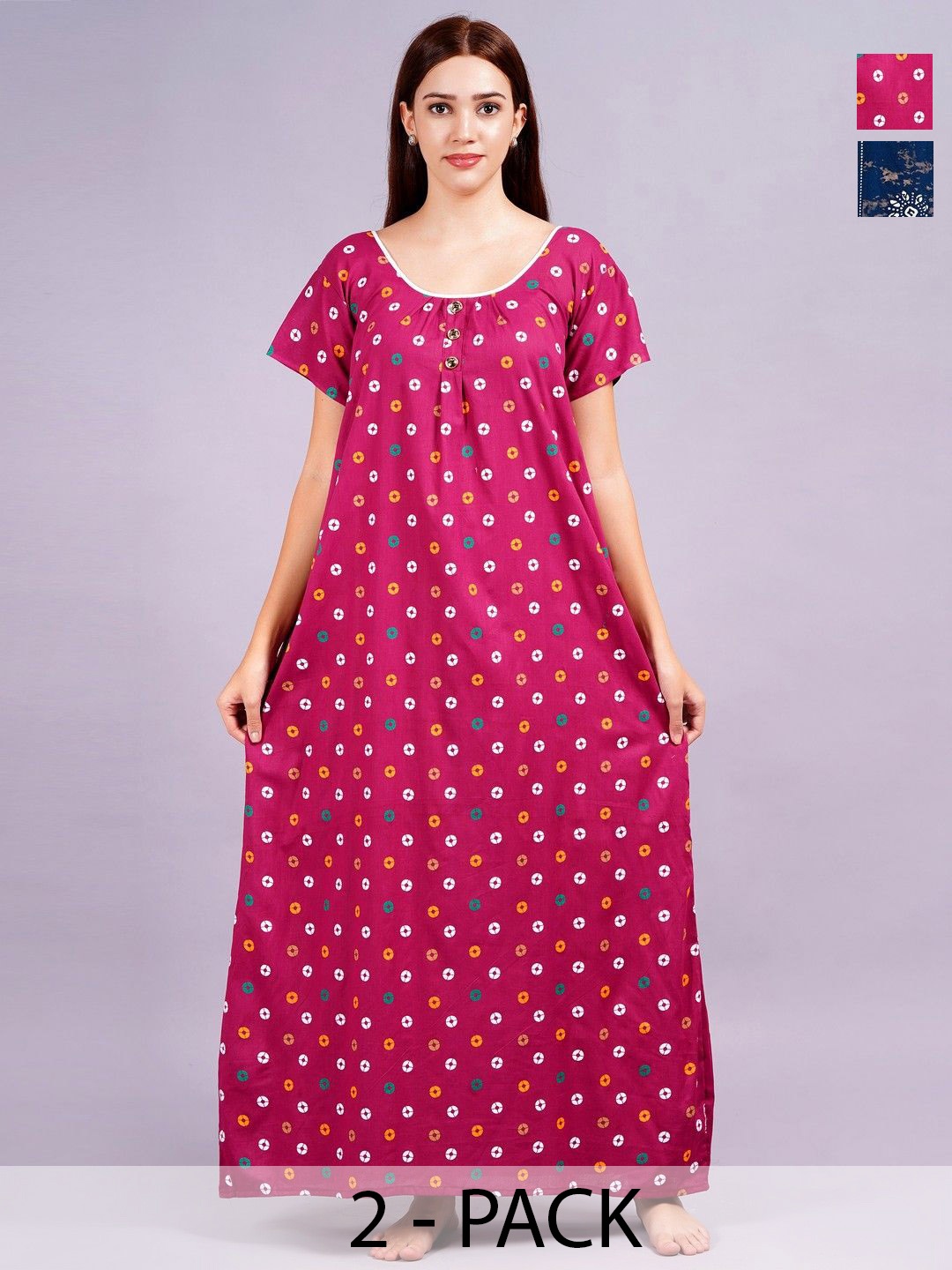 

Breezly Women Pack of 2 Printed Pure Cotton Maxi Nightdress, Blue