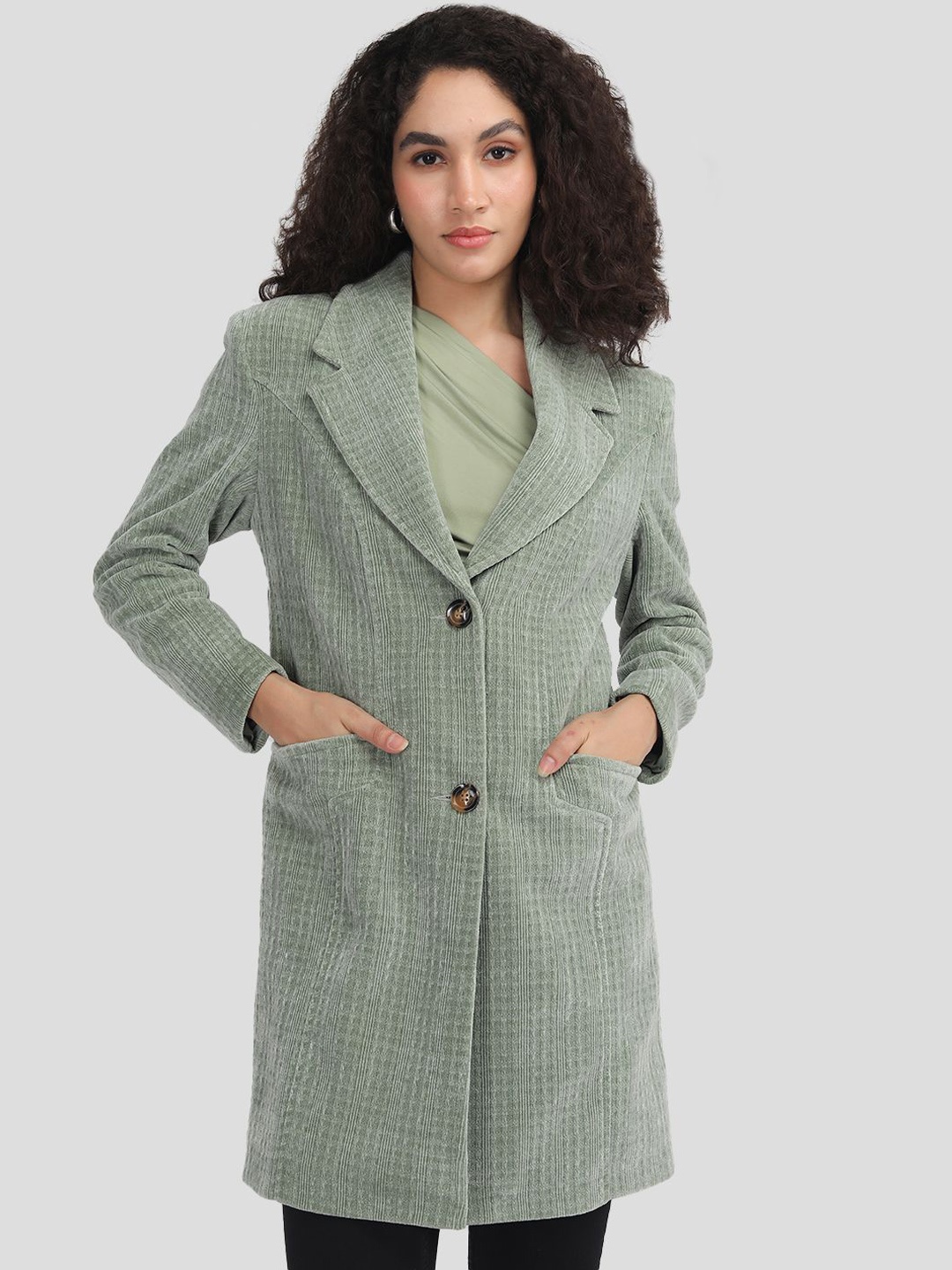 

Plagg Women Self Design Notched Lapel Collar Overcoat, Green