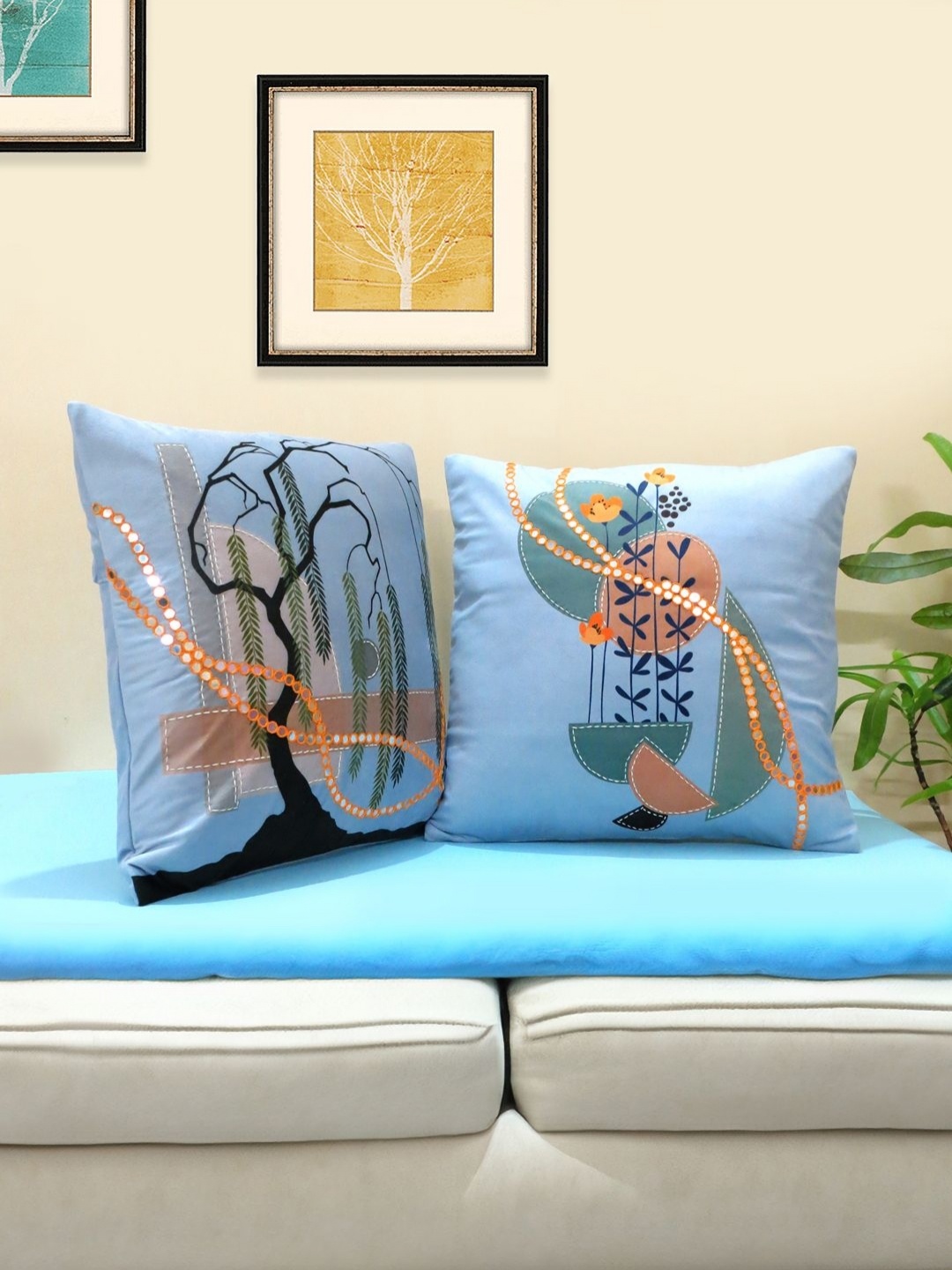 

Mid July Home Blue & Orange Coloured 2 Pieces Abstract Velvet Square Cushion Covers