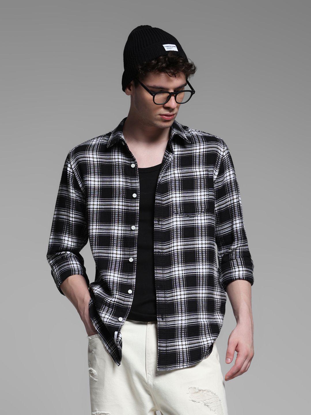 

Jack & Jones Men Spread Collar Checked Cotton Casual Shirt, Black