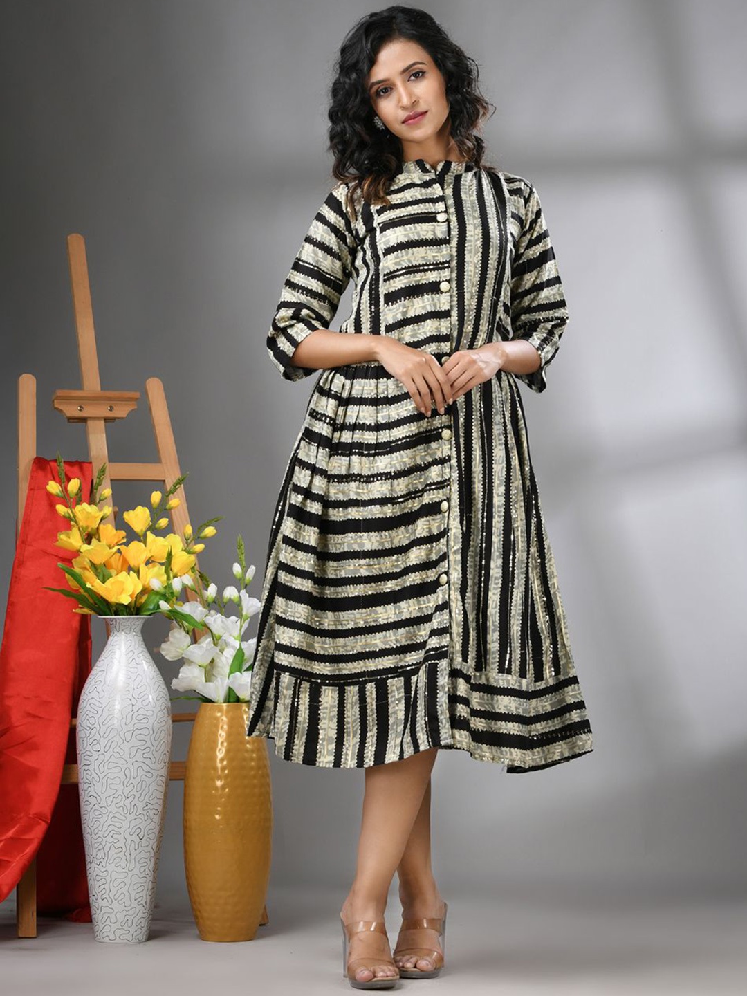 

Charukriti Striped Shirt Ethnic Dresses, Black